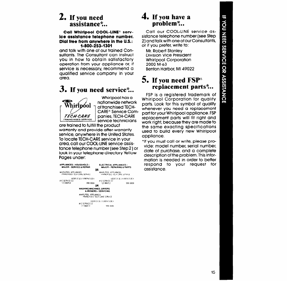 2* if you need assistance, If you need service, If you have a problem | If you need fsp® replacement parts | Whirlpool LA6058XS User Manual | Page 15 / 16