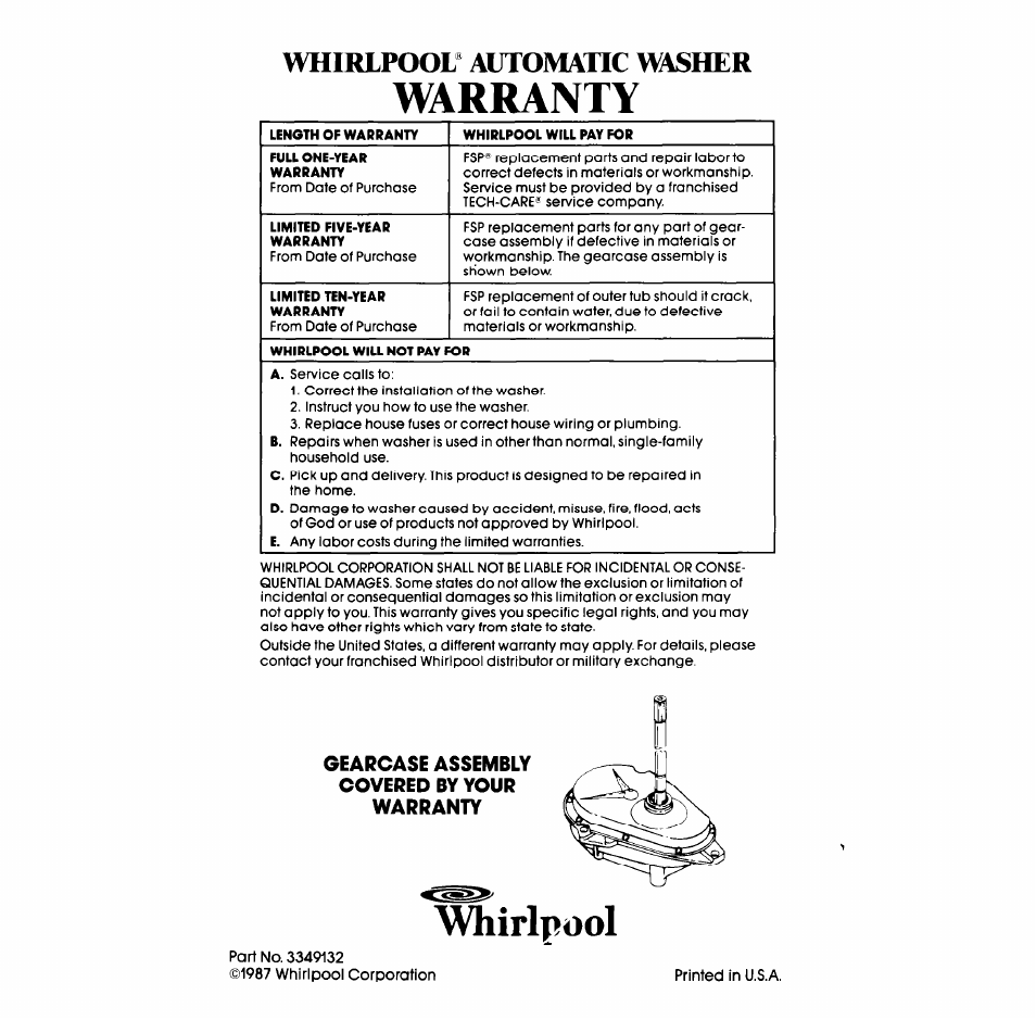 Warranty, Gearcase assembly covered by your warranty, Whirlpool | Whirlpool* automatic washer | Whirlpool LA6058XS User Manual | Page 16 / 16