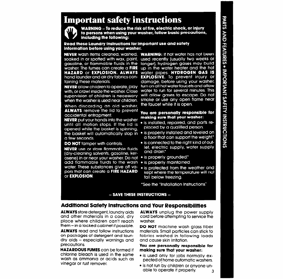 Important safety instructions, Additional safety instructions, And your responsibilities | Whirlpool LA6058XS User Manual | Page 3 / 16