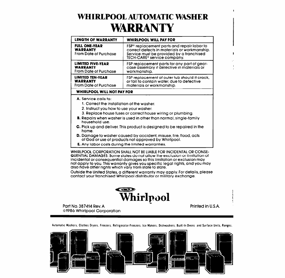 Whirlpool automatic washer, Whirlpool, Warranty | Whirlpool LC45OOXS User Manual | Page 12 / 12