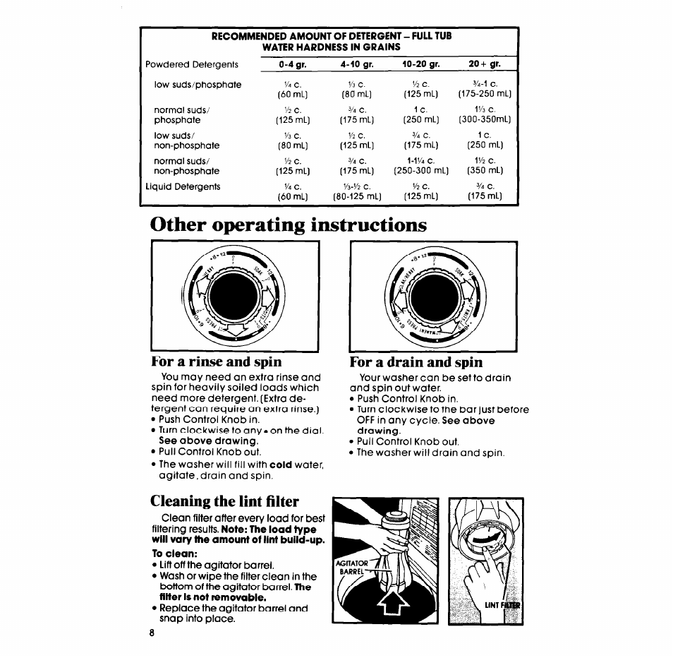 Other operating instructions, For a rinse and spin, Cleaning the lint filter | For a drain and spin | Whirlpool LC45OOXS User Manual | Page 8 / 12