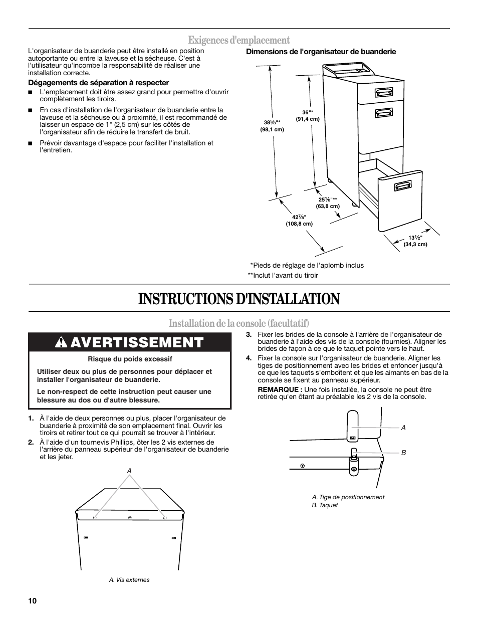 Instructions d'installation, Avertissement, Exigences d'emplacement | Installation de la console (facultatif) | Whirlpool MAYTAG W10101293A User Manual | Page 10 / 12