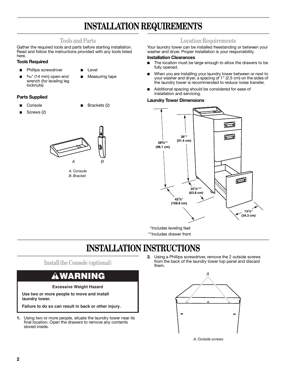 Installation requirements, Installation instructions, Warning | Tools and parts, Location requirements, Install the console (optional) | Whirlpool MAYTAG W10101293A User Manual | Page 2 / 12