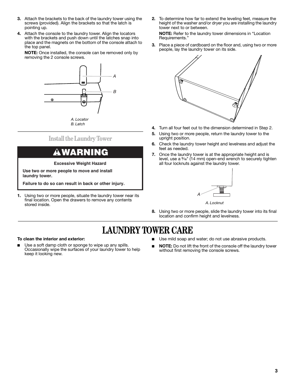 Laundry tower care, Warning, Install the laundry tower | Whirlpool MAYTAG W10101293A User Manual | Page 3 / 12