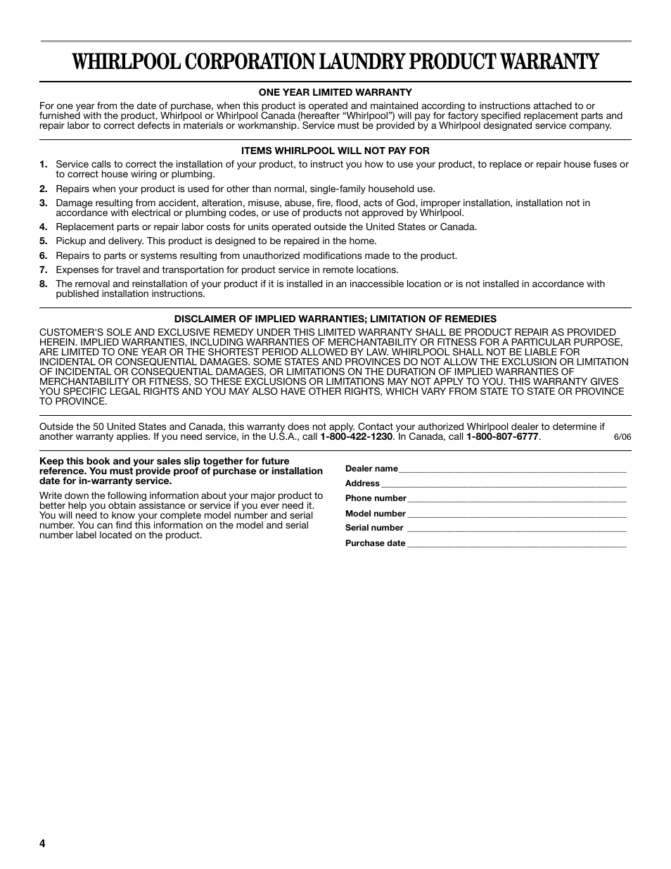 Whirlpool corporation laundry product warranty | Whirlpool MAYTAG W10101293A User Manual | Page 4 / 12