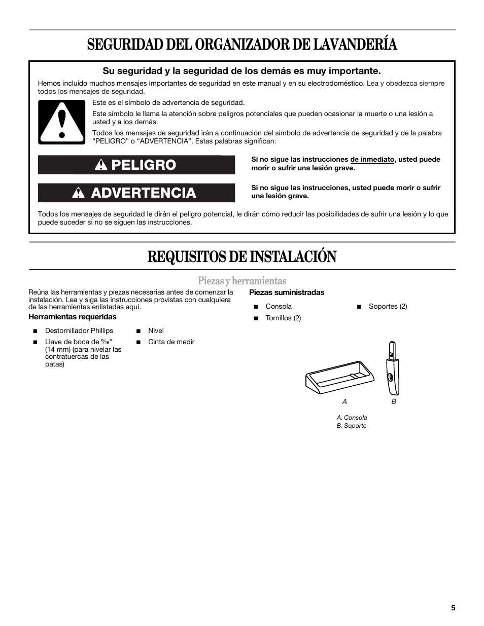 Advertencia peligro, Piezas y herramientas | Whirlpool MAYTAG W10101293A User Manual | Page 5 / 12