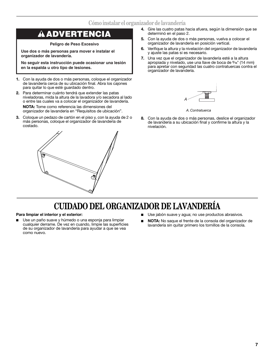 Cuidado del organizador de lavandería, Advertencia, Cómo instalar el organizador de lavandería | Whirlpool MAYTAG W10101293A User Manual | Page 7 / 12