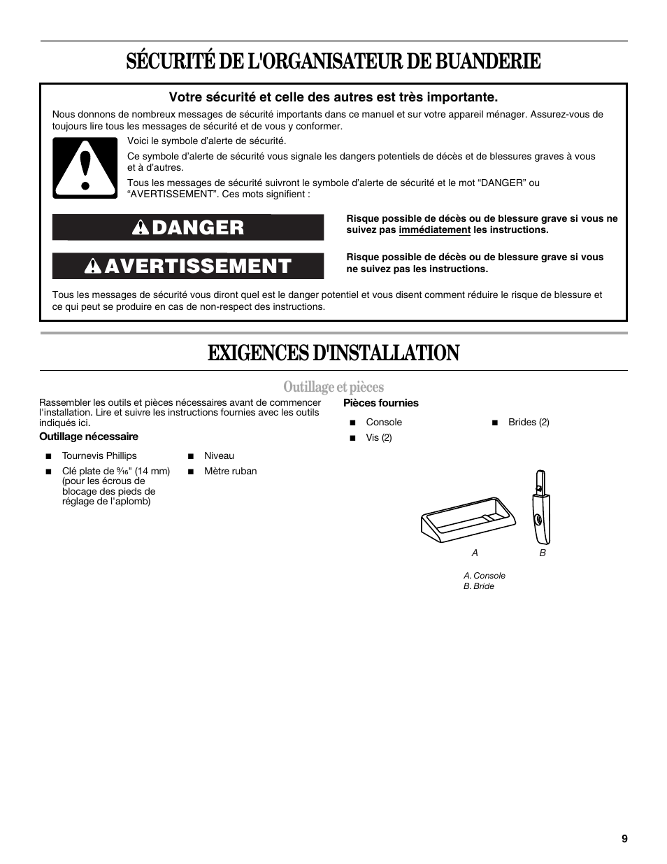 Avertissement danger, Outillage et pièces | Whirlpool MAYTAG W10101293A User Manual | Page 9 / 12