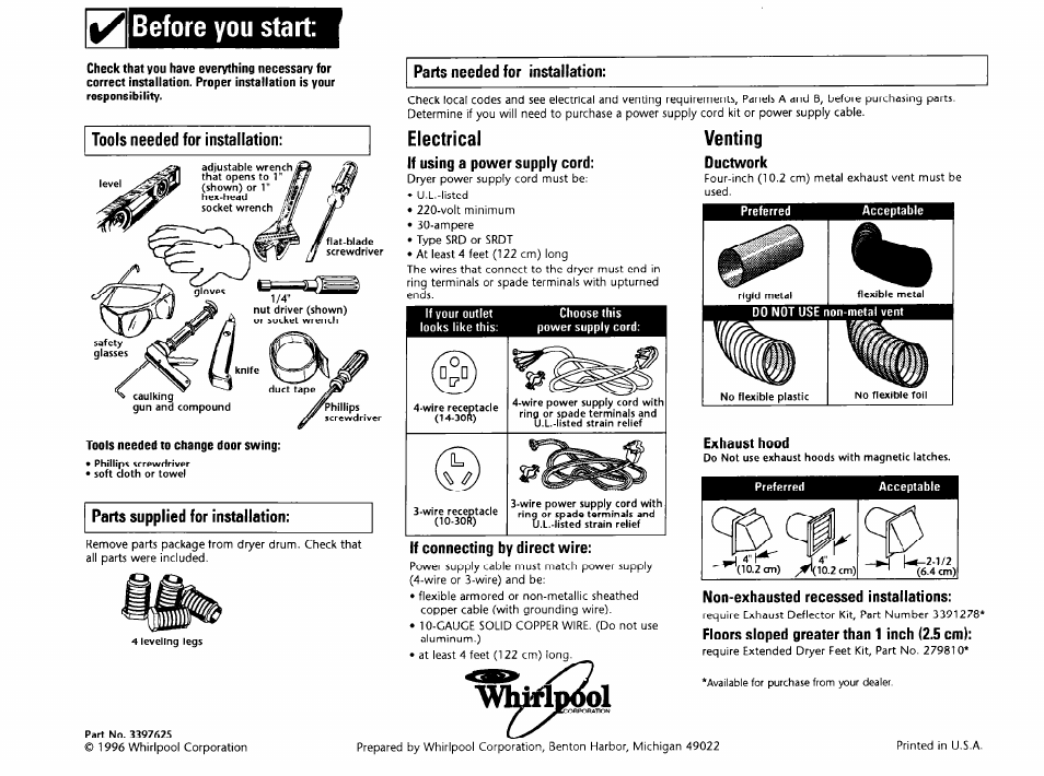 Before you start, Electrical, Venting | Whirlpool 4LEC7646EN0 User Manual | Page 2 / 7