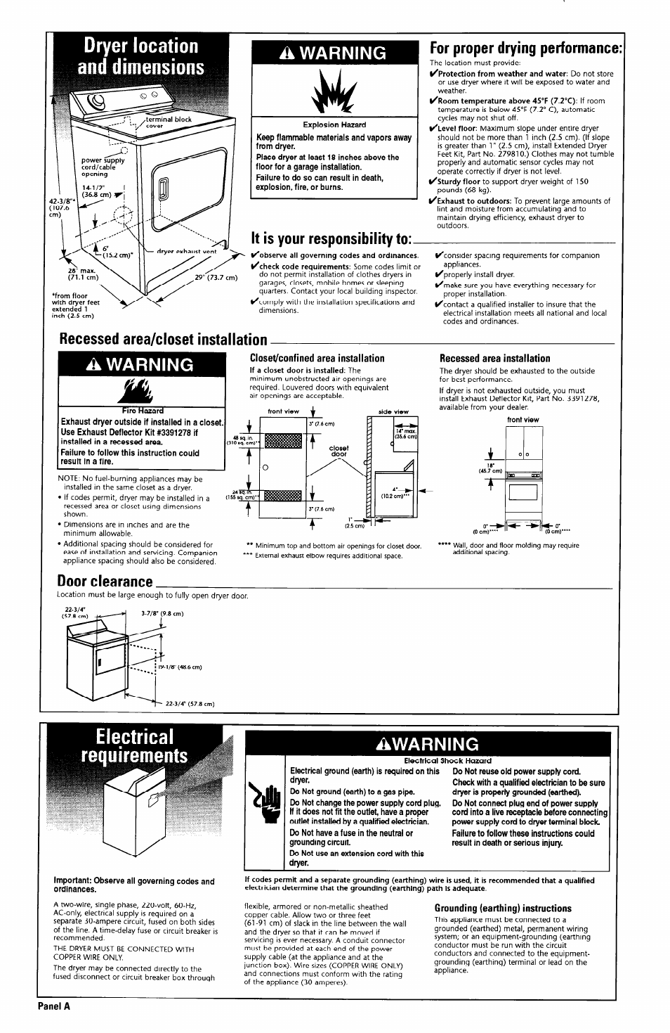 Dryer location and dimensions, Electrical requirements, Â warning | It is your responsibility to, For proper drying performance, Recessed area/closet installation a warning m, Door clearance, Ikwarning | Whirlpool 4LEC7646EN0 User Manual | Page 3 / 7