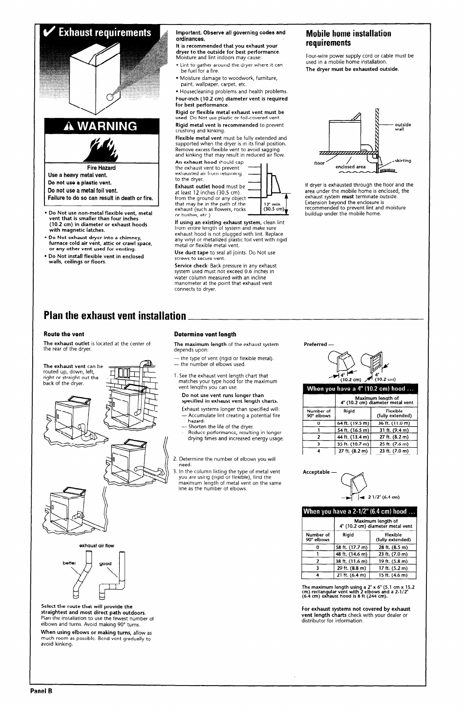 A warning, Plan the exhaust vent installation, Mobile home installation requirements | Whirlpool 4LEC7646EN0 User Manual | Page 4 / 7