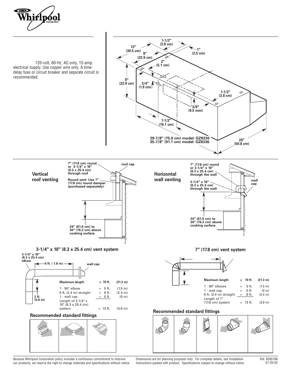 Whirlpool GZ8330XL User Manual | 1 page