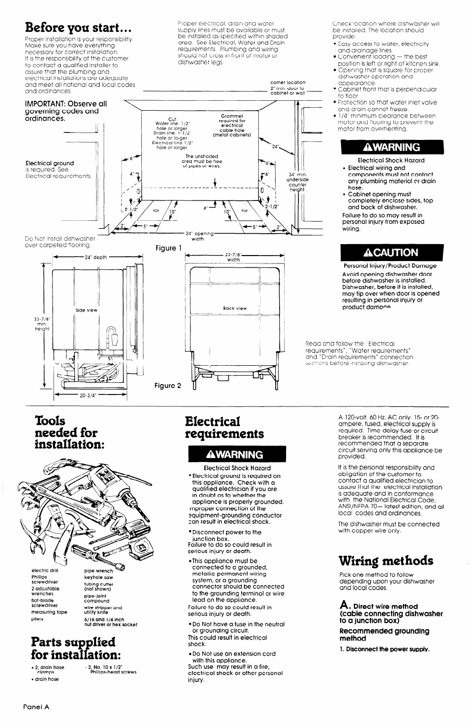 Awarning, Acaunon, Recommended grounding method | Before you start, Tools needed for installation, Parts sttoolied sttpplk for installation, Electrical requirements, Methods, Wiring, Panel a | Whirlpool 3369089 User Manual | Page 2 / 7