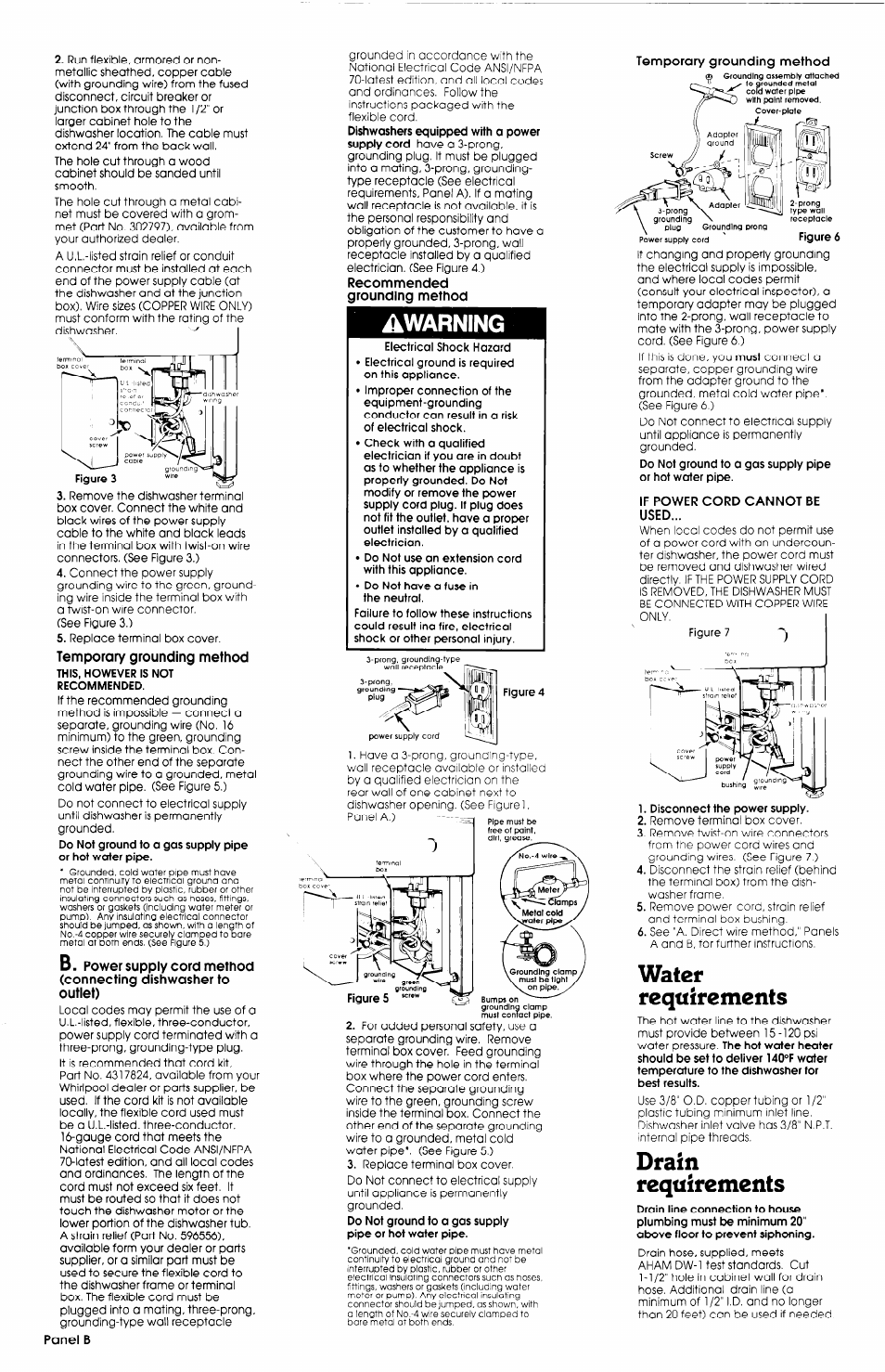 Temporary grounding method, Recommended grounding method, If power cord cannot be used | Awarning, Water requirements, Drain requirements, Panel b | Whirlpool 3369089 User Manual | Page 3 / 7