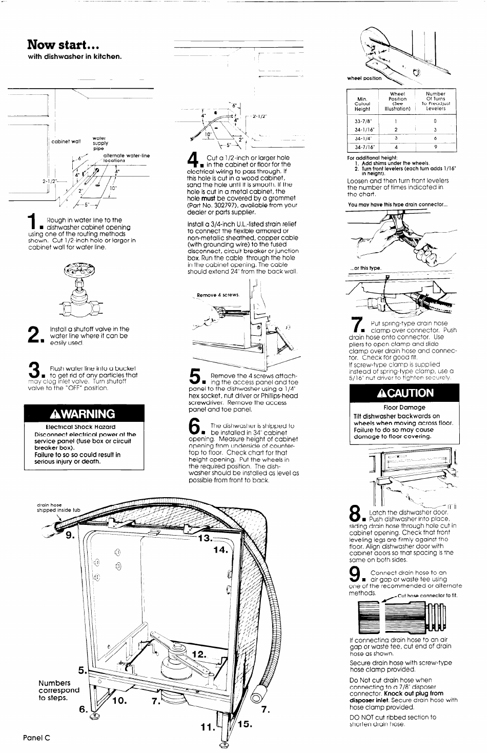 With dishwasher in kitchen, Awarning, Acaution | Now start | Whirlpool 3369089 User Manual | Page 4 / 7