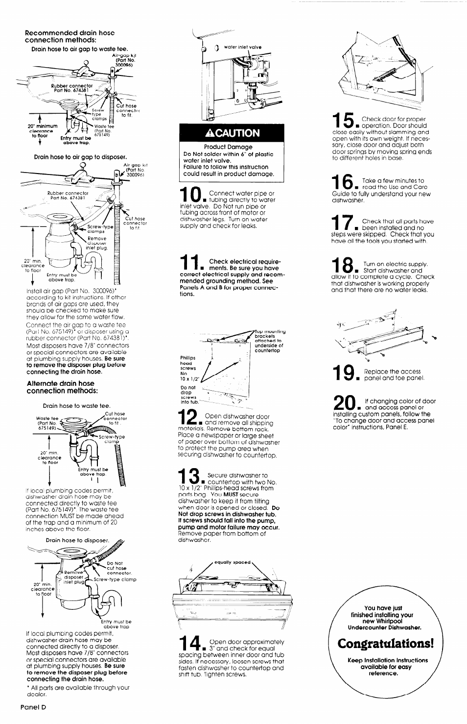 Alternate drain hose connection methods, Acaution, Panel d | Whirlpool 3369089 User Manual | Page 5 / 7