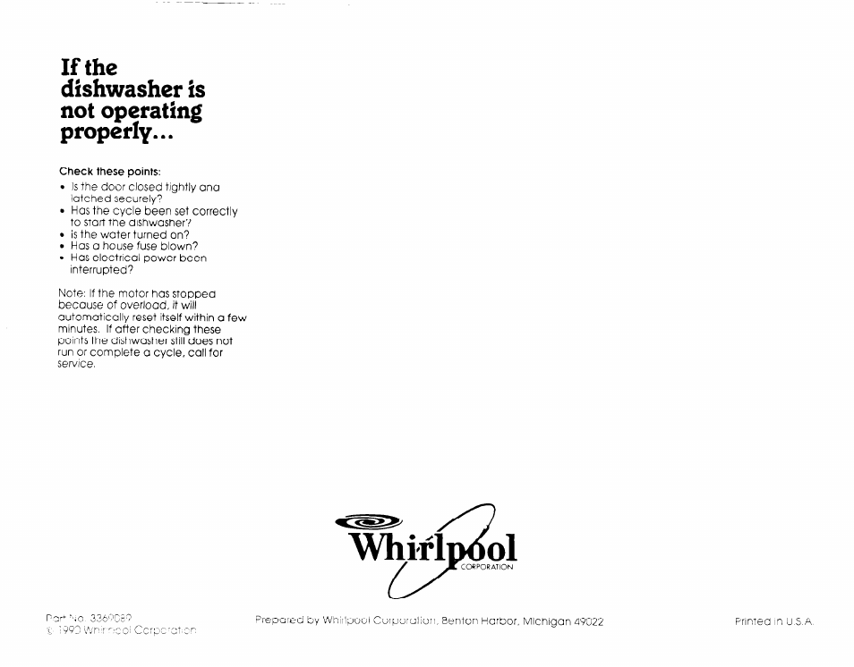 Whirlp<iol, If the dishwasher is not operating properly | Whirlpool 3369089 User Manual | Page 7 / 7