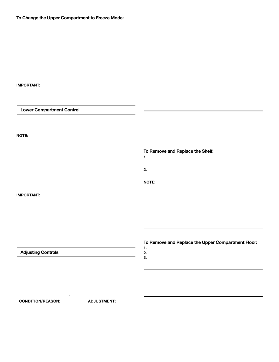 Upper compartment features, Lower compartment features, Upper compartment shelf | Upper compartment floor, Shelves | Whirlpool FREEZERATOR CONVERTIBLE REFRIGERATOR/FREEZER User Manual | Page 10 / 44