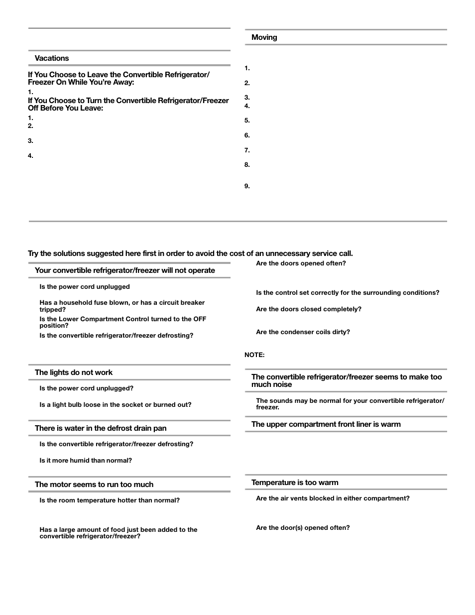 Troubleshooting, Vacation and moving care | Whirlpool FREEZERATOR CONVERTIBLE REFRIGERATOR/FREEZER User Manual | Page 13 / 44