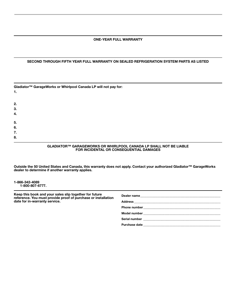 Gladiator, Garageworks freezerator, Convertible refrigerator/freezer warranty | Whirlpool FREEZERATOR CONVERTIBLE REFRIGERATOR/FREEZER User Manual | Page 15 / 44