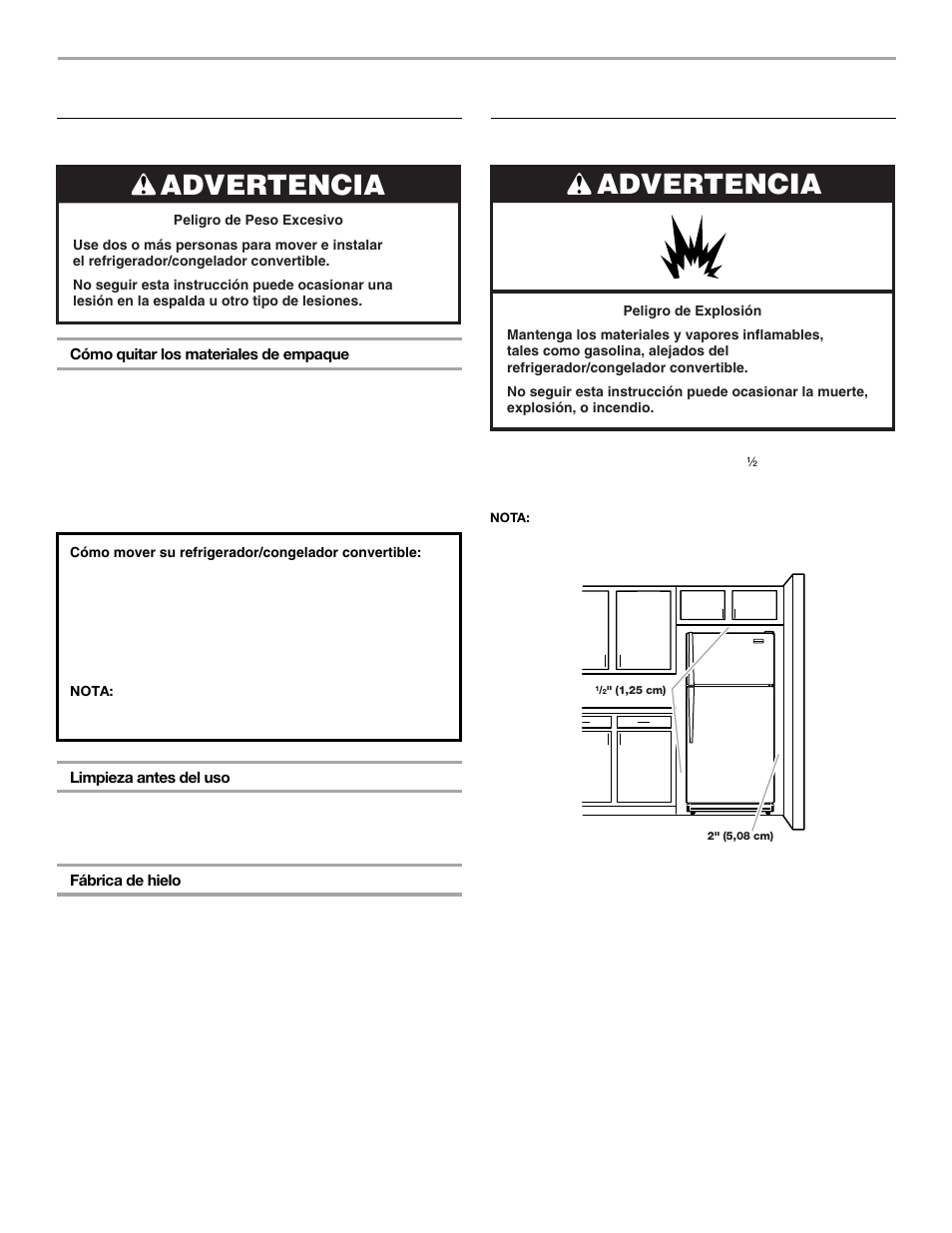 Instrucciones de instalación, Advertencia, Desempaque el refrigerador | Requisitos de ubicación | Whirlpool FREEZERATOR CONVERTIBLE REFRIGERATOR/FREEZER User Manual | Page 17 / 44
