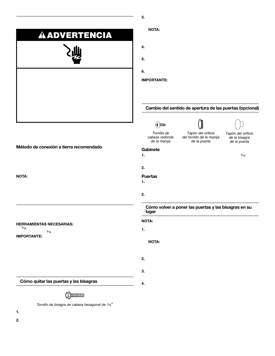 Advertencia, Requisitos eléctricos, Puertas del refrigerador/congelador convertible | Whirlpool FREEZERATOR CONVERTIBLE REFRIGERATOR/FREEZER User Manual | Page 18 / 44