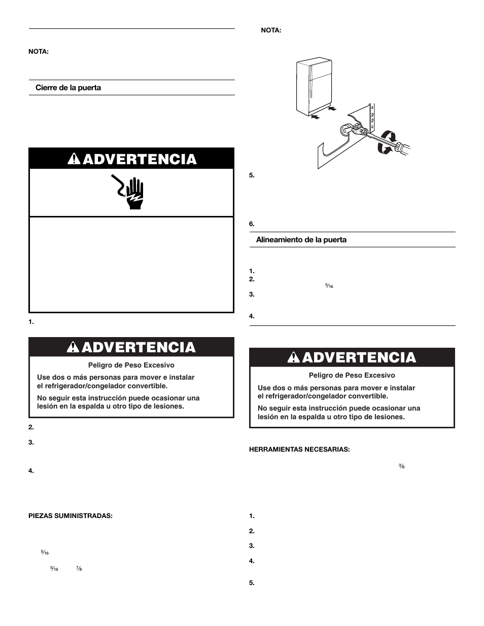 Advertencia, Ajuste las puertas, Instalación de las ruedecillas | Whirlpool FREEZERATOR CONVERTIBLE REFRIGERATOR/FREEZER User Manual | Page 20 / 44