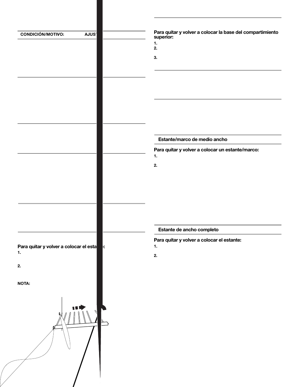 Características del compartimiento superior, Características del compartimiento inferior, Estante del compartimiento superior | Base del compartimiento superior, Estantes | Whirlpool FREEZERATOR CONVERTIBLE REFRIGERATOR/FREEZER User Manual | Page 24 / 44