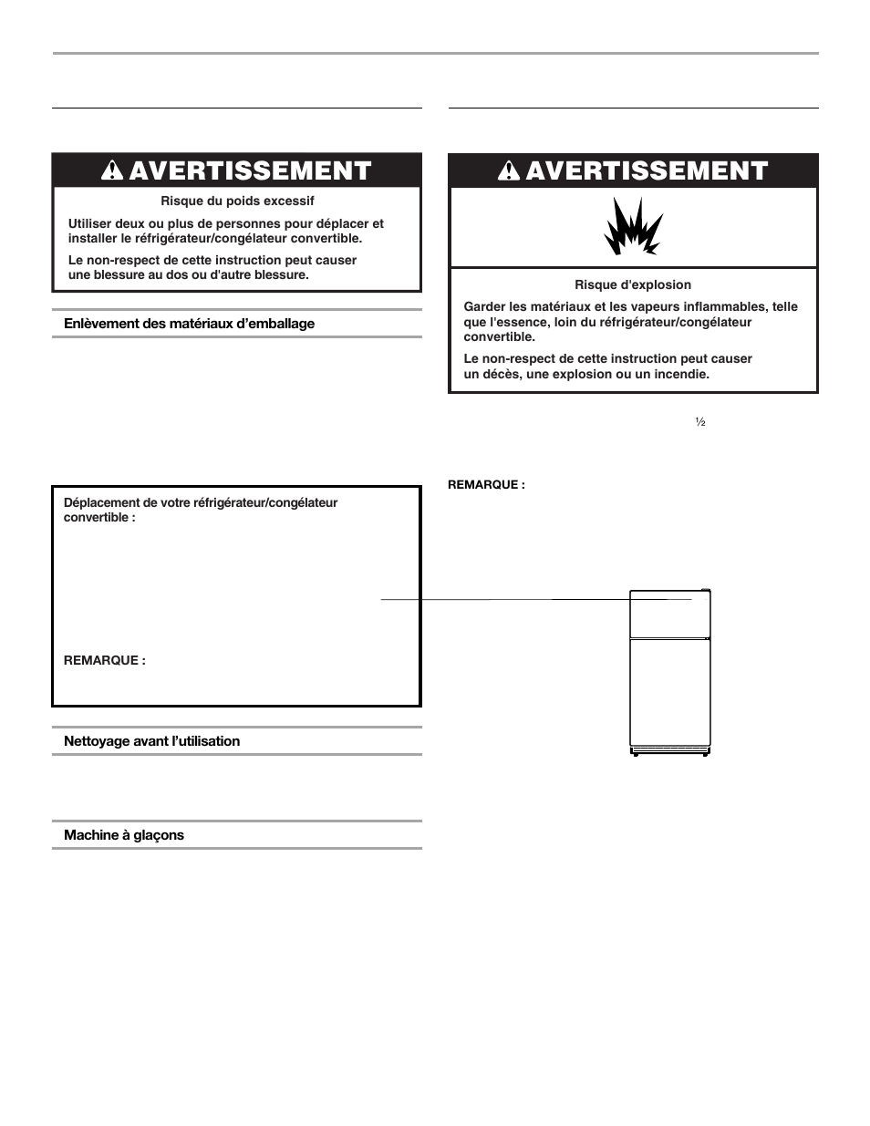 Instructions d’installation, Avertissement, Déballage du réfrigérateur | Emplacement d’installation | Whirlpool FREEZERATOR CONVERTIBLE REFRIGERATOR/FREEZER User Manual | Page 31 / 44