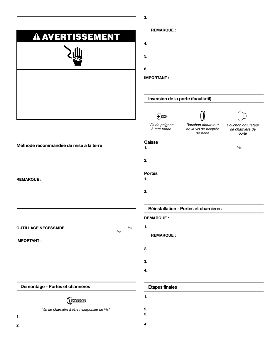 Avertissement, Spécifications électriques, Portes du réfrigérateur/congélateur convertible | Whirlpool FREEZERATOR CONVERTIBLE REFRIGERATOR/FREEZER User Manual | Page 32 / 44