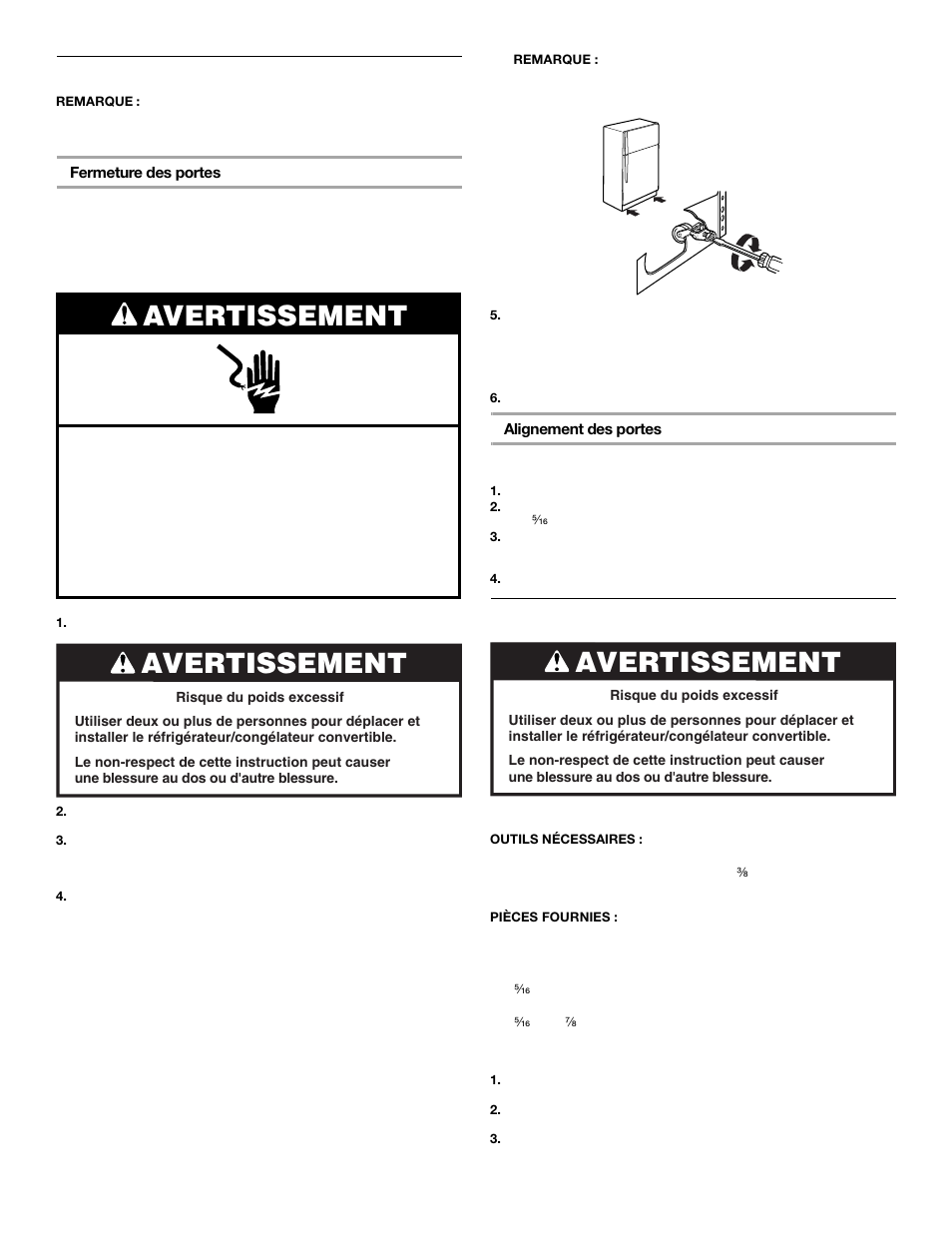 Avertissement, Ajustement des portes, Installation des roulettes | Whirlpool FREEZERATOR CONVERTIBLE REFRIGERATOR/FREEZER User Manual | Page 34 / 44