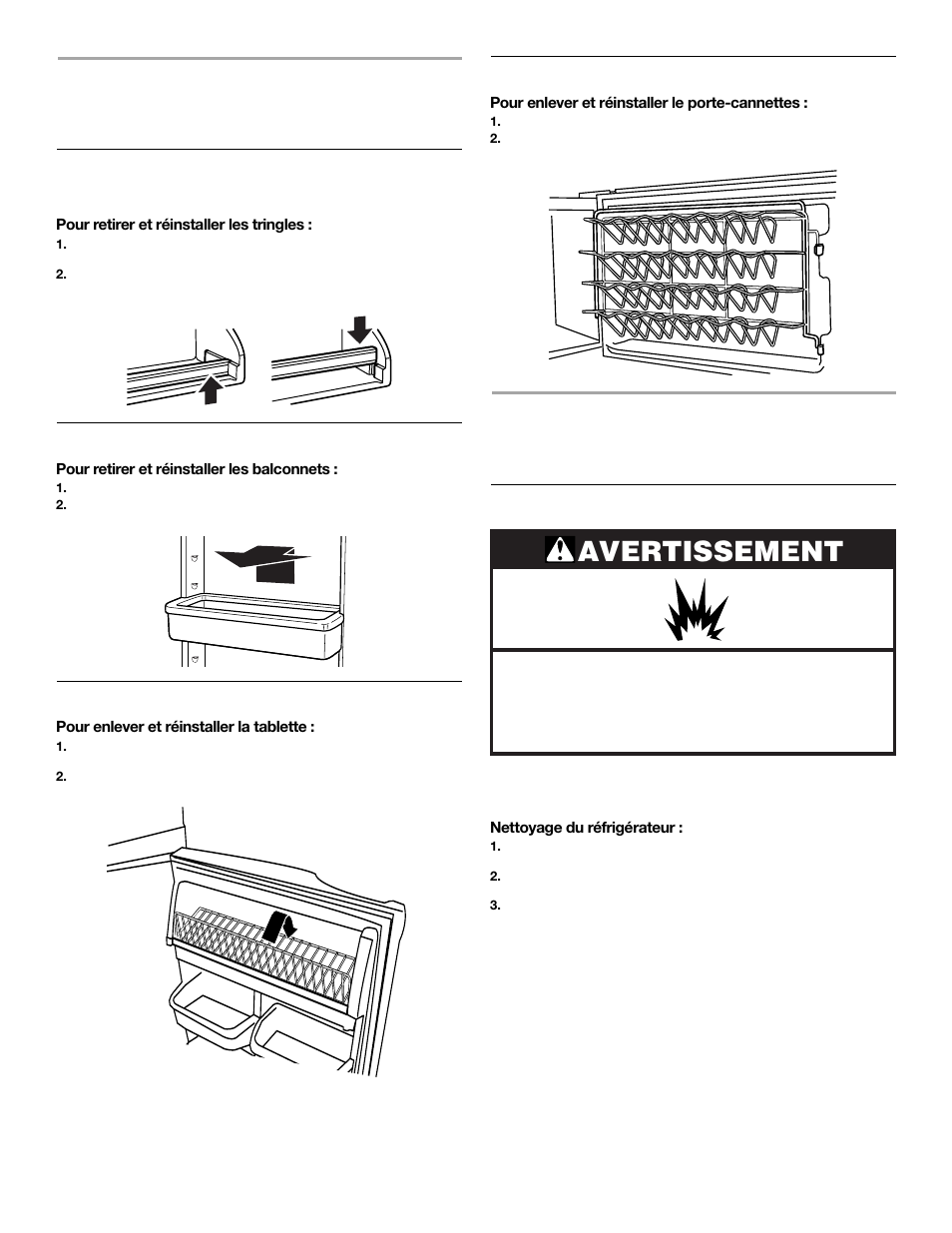 Caractéristiques de la porte, Avertissement, Tringles dans la porte | Balconnets dans la porte, Tablette métallique de porte, Porte-cannettes, Nettoyage | Whirlpool FREEZERATOR CONVERTIBLE REFRIGERATOR/FREEZER User Manual | Page 39 / 44