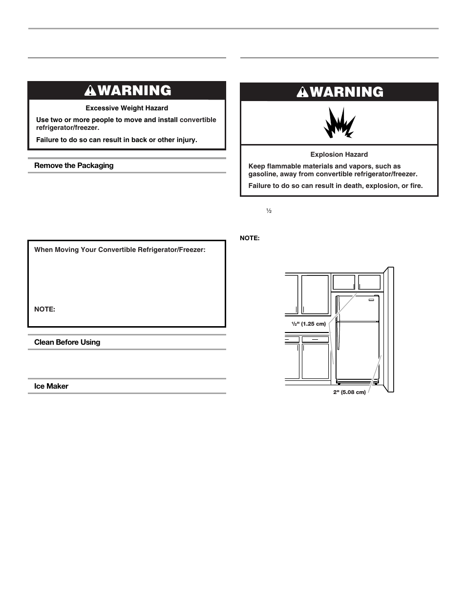 Installation instructions, Warning, Unpack the refrigerator | Location requirements | Whirlpool FREEZERATOR CONVERTIBLE REFRIGERATOR/FREEZER User Manual | Page 4 / 44