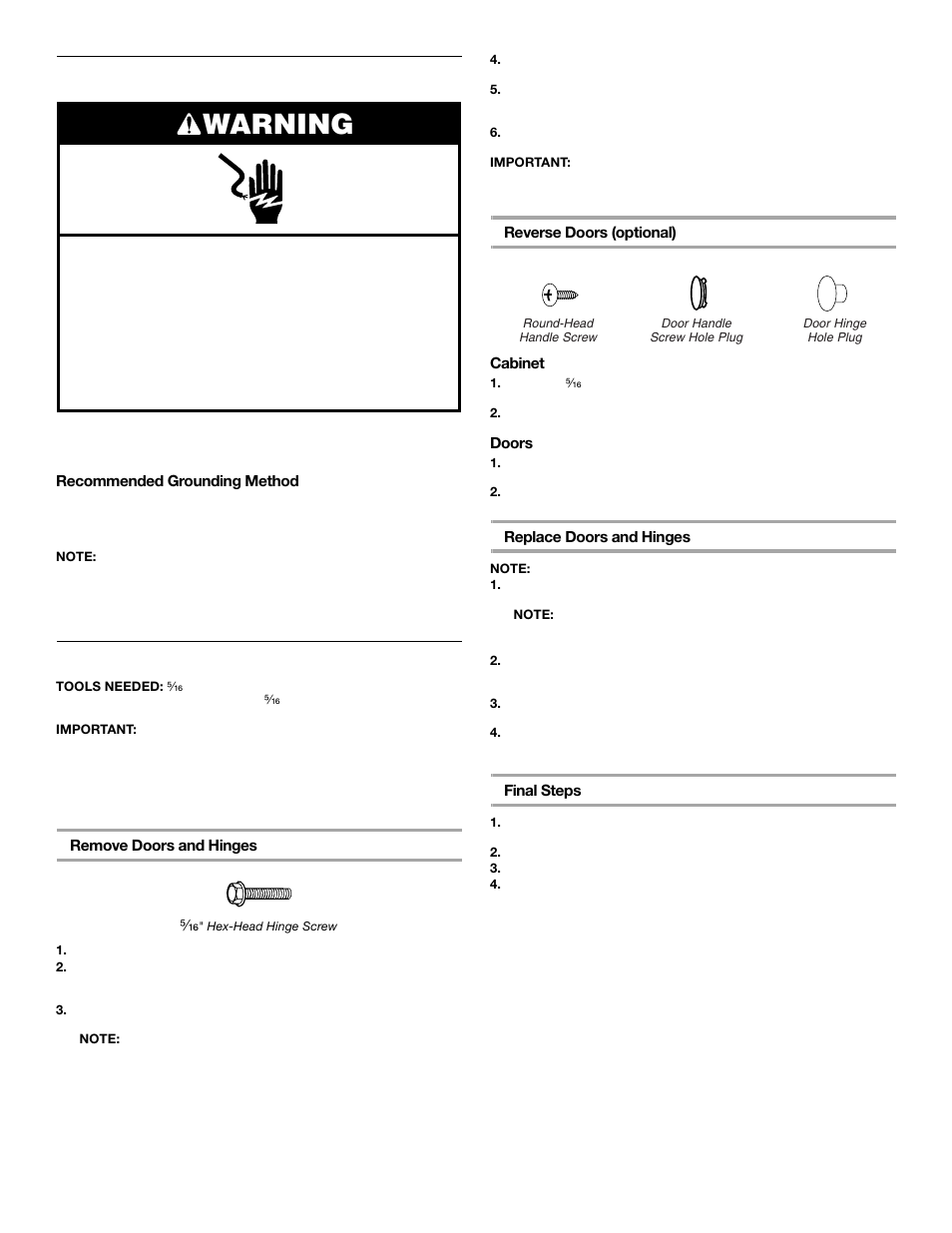 Warning, Electrical requirements, Convertible refrigerator/freezer doors | Whirlpool FREEZERATOR CONVERTIBLE REFRIGERATOR/FREEZER User Manual | Page 5 / 44