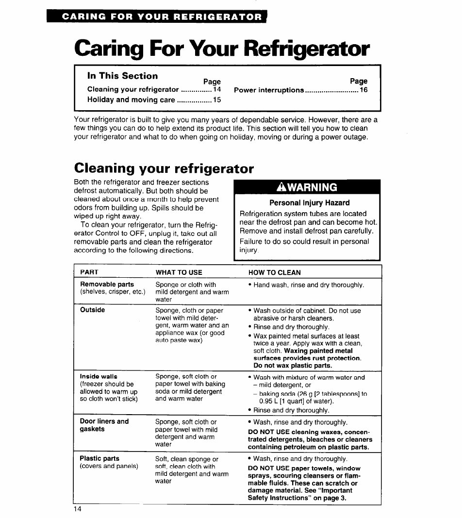 Caring for your refrigerator, Cleaning your refrigerator, Awarning | Whirlpool 3VET23DK User Manual | Page 14 / 20