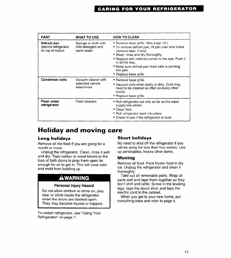 Holiday and moving care, Long holidays, Short holidays | Moving, Awarning | Whirlpool 3VET23DK User Manual | Page 15 / 20