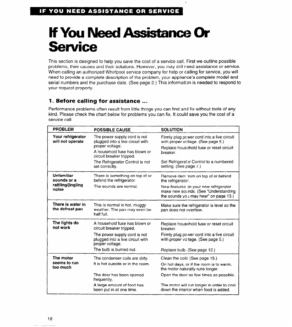 If you need assistance or service, Before calling for assistance | Whirlpool 3VET23DK User Manual | Page 18 / 20