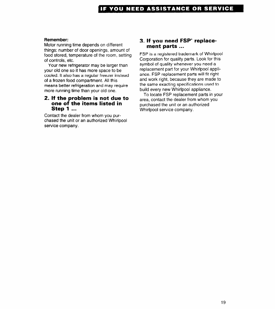 Remember, If you need fsp* replacement parts | Whirlpool 3VET23DK User Manual | Page 19 / 20