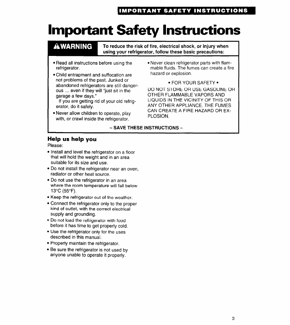 Important saféty instructions, Save these instructions | Whirlpool 3VET23DK User Manual | Page 3 / 20