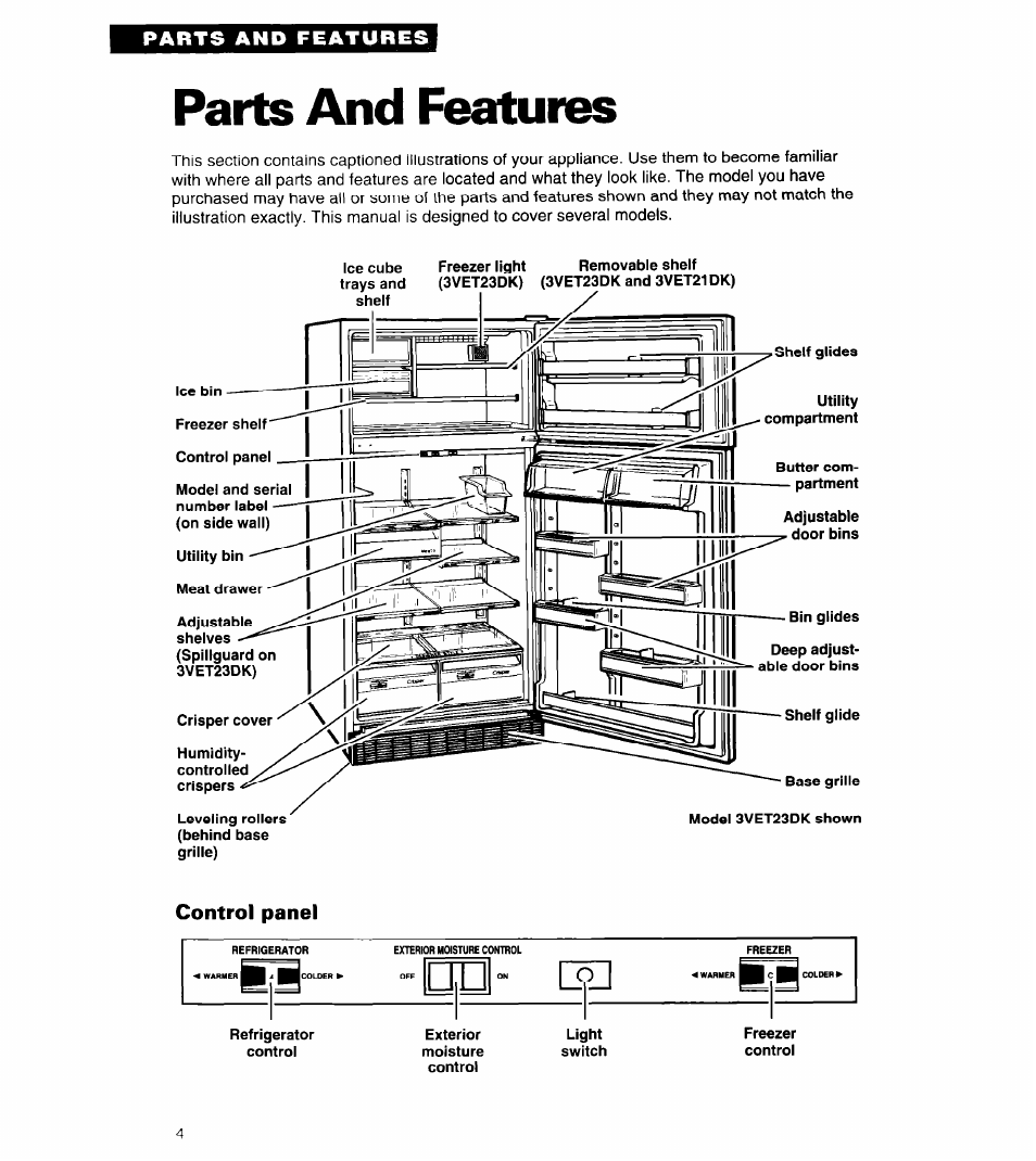 Parts and features | Whirlpool 3VET23DK User Manual | Page 4 / 20