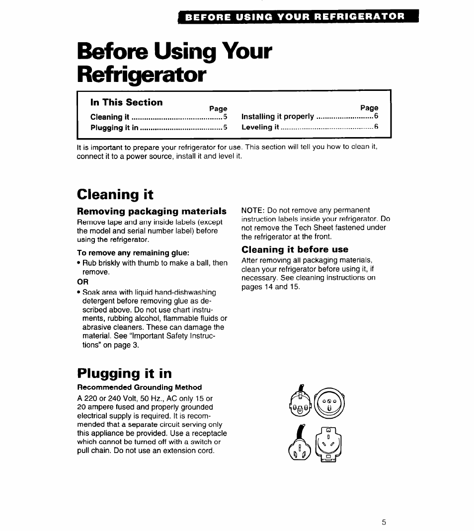 Before using your refrigerator, Cleaning it, Removing packaging materials | Cleaning it before use, Plugging it in | Whirlpool 3VET23DK User Manual | Page 5 / 20
