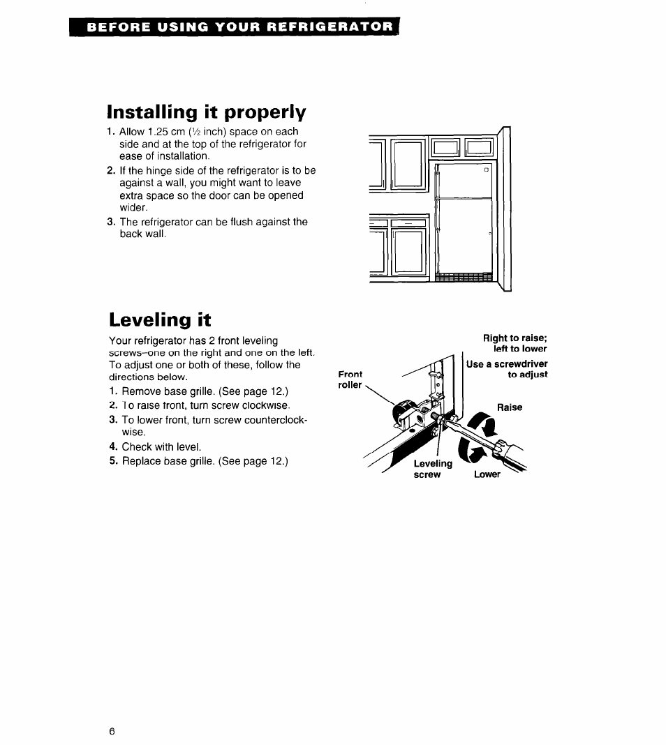 Installing it properly, Leveling it | Whirlpool 3VET23DK User Manual | Page 6 / 20