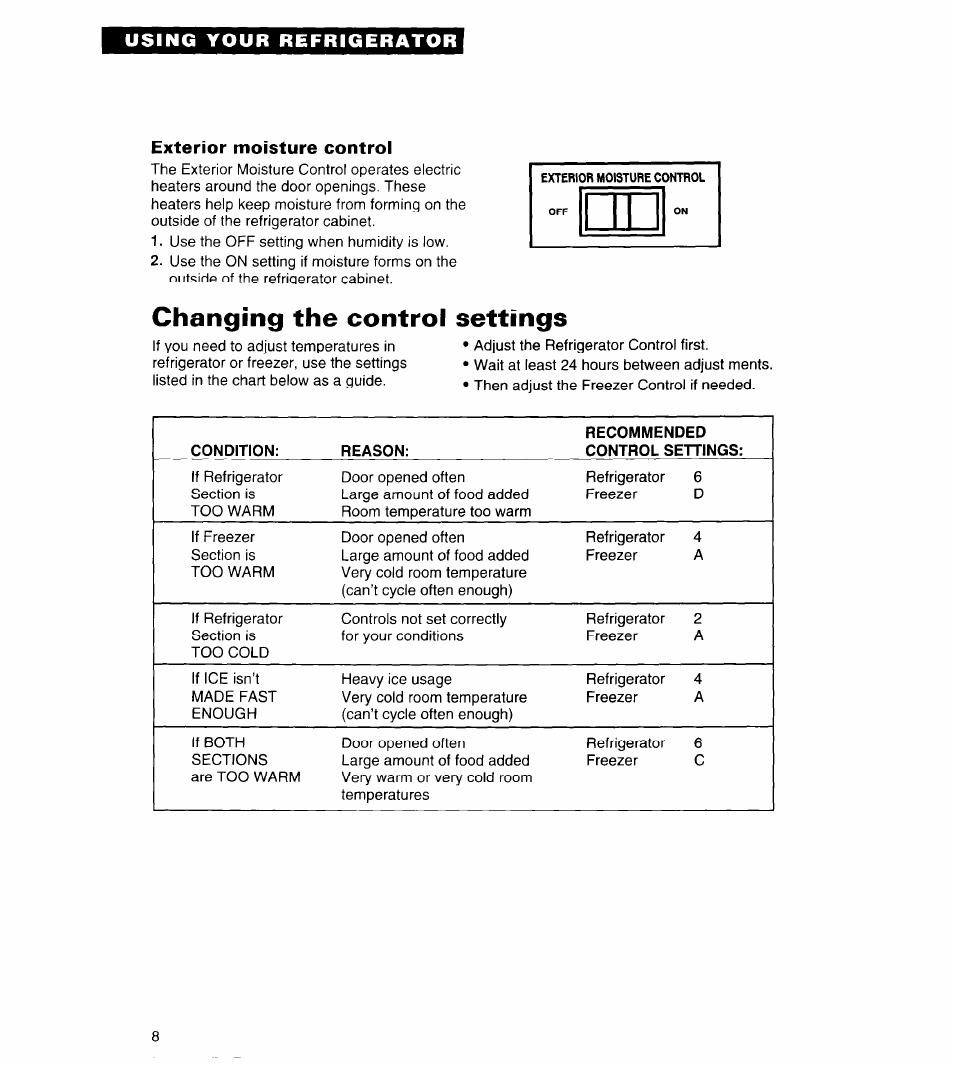 Exterior moisture control, Changing the control settings | Whirlpool 3VET23DK User Manual | Page 8 / 20