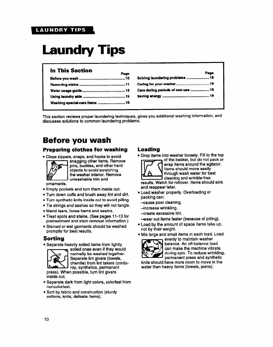 Laundry tips, Before you wash, Laundry lips | Whirlpool LMR4132B User Manual | Page 10 / 22