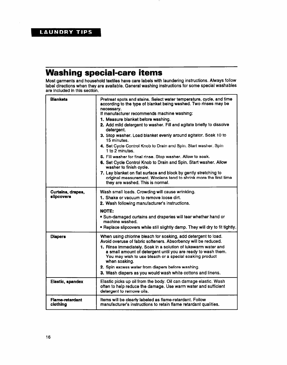 Washing special-care items, Waahing apeciai-care itama | Whirlpool LMR4132B User Manual | Page 16 / 22