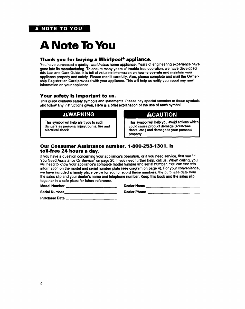 Anoteto\bu, Thank you for buying a whirlpool* appliance, Your safety is important to us | Whirlpool LMR4132B User Manual | Page 2 / 22