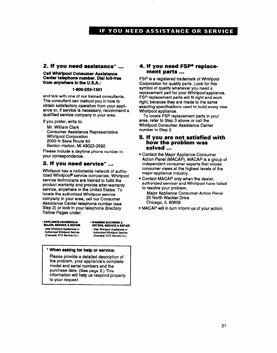 If you need assistance, If you need service, If you need fsp* replacement parts | If you need fsp* replace­ ment parts | Whirlpool LMR4132B User Manual | Page 21 / 22