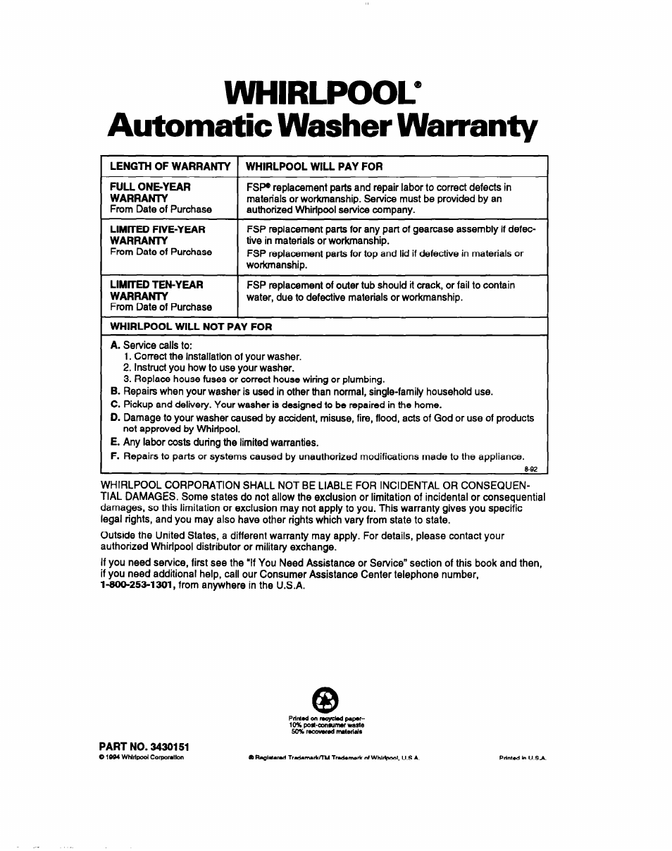 Whirlpool, Automatic washer warranty, Whirlpool* automatic washer warranty | Whirlpool LMR4132B User Manual | Page 22 / 22