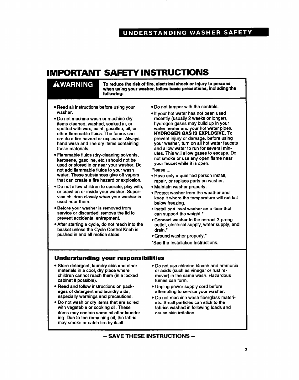 Understanding your responsibilities, Save these instructions, Important safety instructions | Whirlpool LMR4132B User Manual | Page 3 / 22