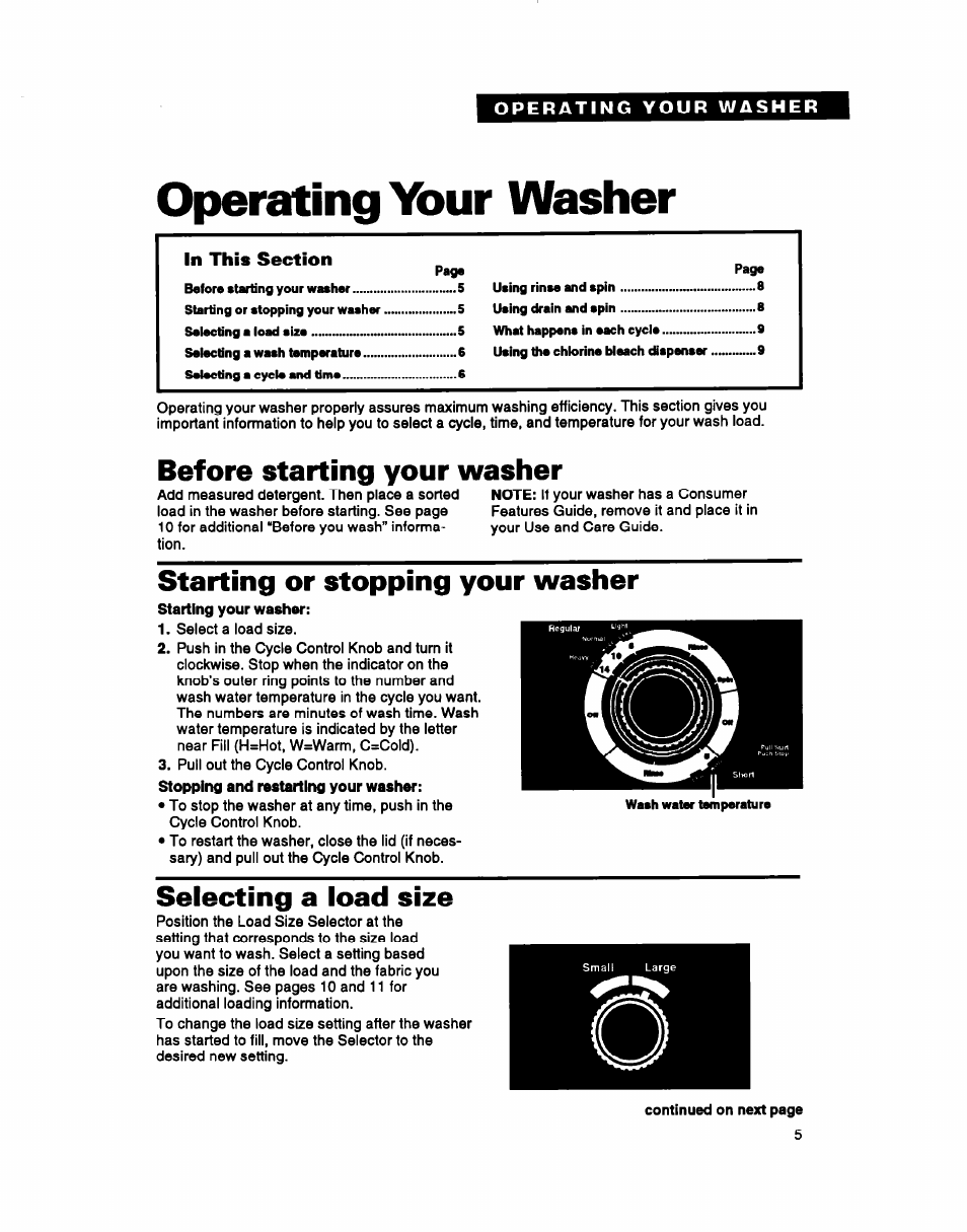 Operating ybur washer, Before starting your washer, Starting or stopping your washer | Selecting a load size, Operating your, Washer | Whirlpool LMR4132B User Manual | Page 5 / 22